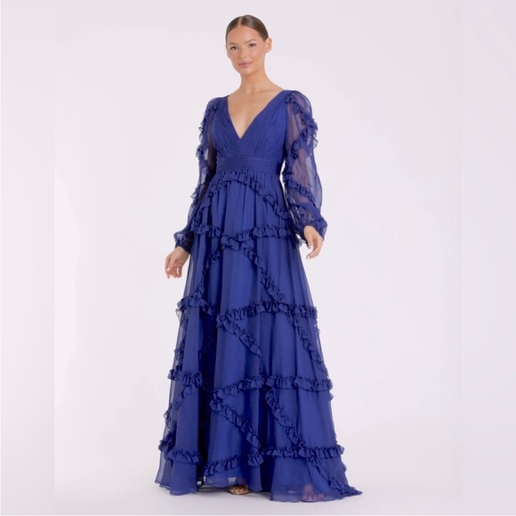 Mac Duggal NWT 12 V Neck Ruffle A Line Maxi Gown Sapphire Blue Ruffle Tiered